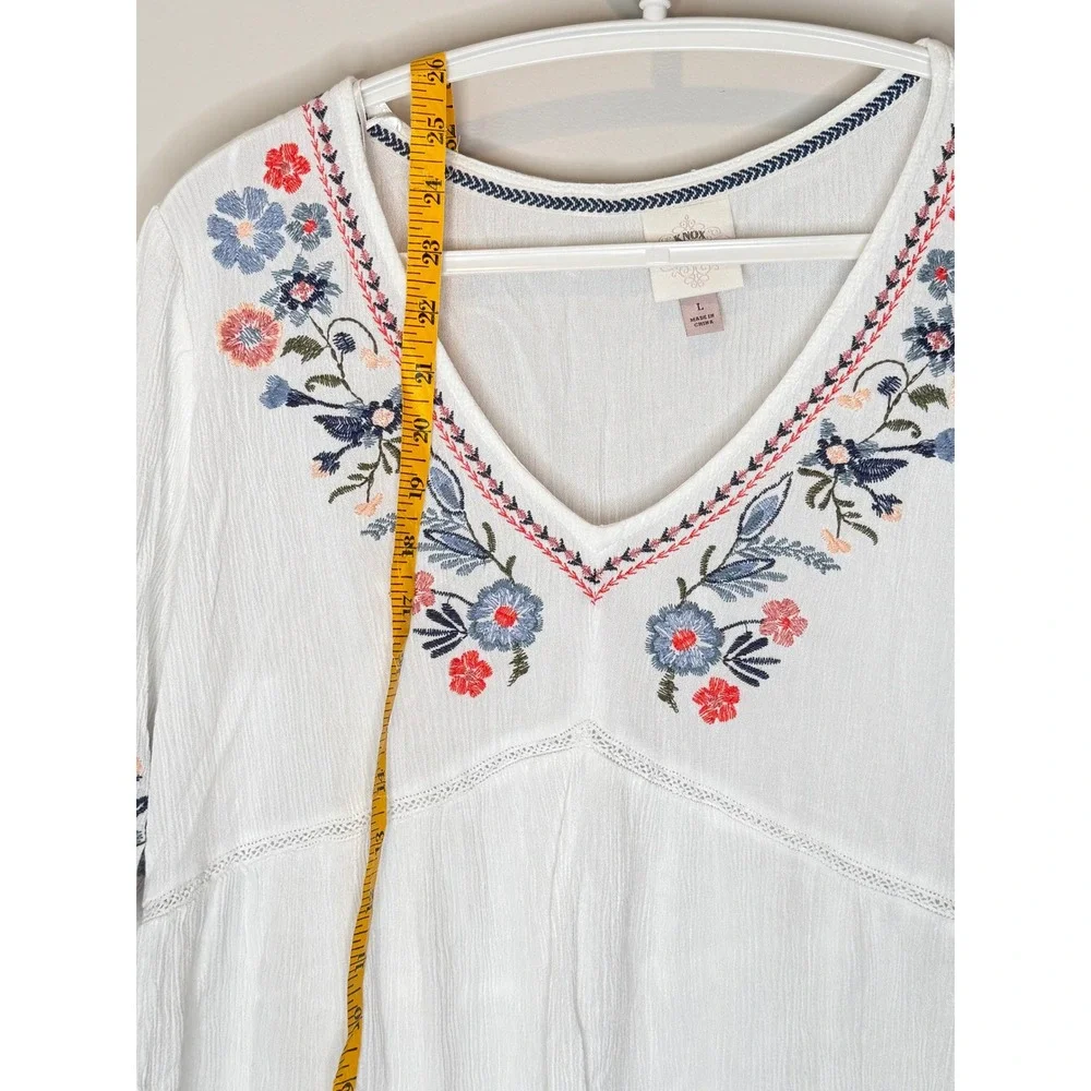 Knox Rose Embroidered Boho Peasant Guaze Top White Floral Large - Picture 3 of 6